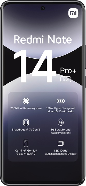Produktbild Xiaomi Redmi Note 14 Pro+ 5G (256 GB, Midnight Black, 262.60", Dual SIM, 200 Mpx, 5G)