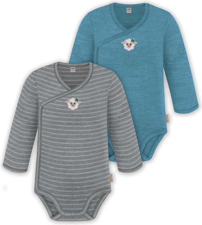 Normani 2er Set Unisex Baby Wickelbody Langarm-Strampler Einteiler aus Merinowolle - 9351