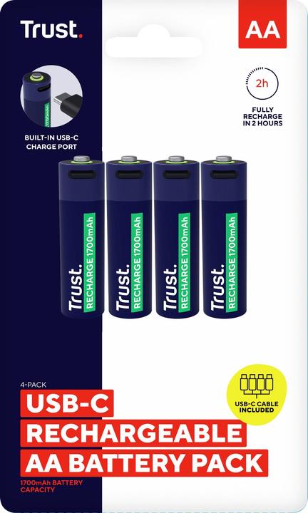 Actual product image Trust USB-C Rechargeable Batteries 4p (4 pcs., AA, 1700 mAh)