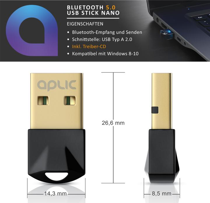 Actual product image Aplic USB Bluetooth 5.0 Stick Nano, mini BT5.0 dongle / adapter, for PC & laptop, receiver & transmitter (Transmitter & Receiver)
