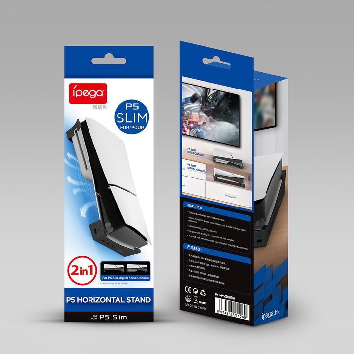 Actual product image - iPega P5S008 Horizontal Stand with USB HUB for PS5 Slim Black (PS5)