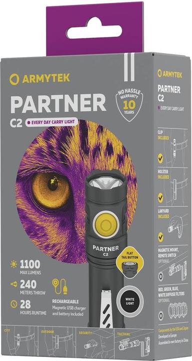 Image du produit ArmyTek Partner C2 Magnet USB Lampe torche LED blanche avec clip ceinture, avec étui batterie 1100 (12.35 cm, 1100 lm)