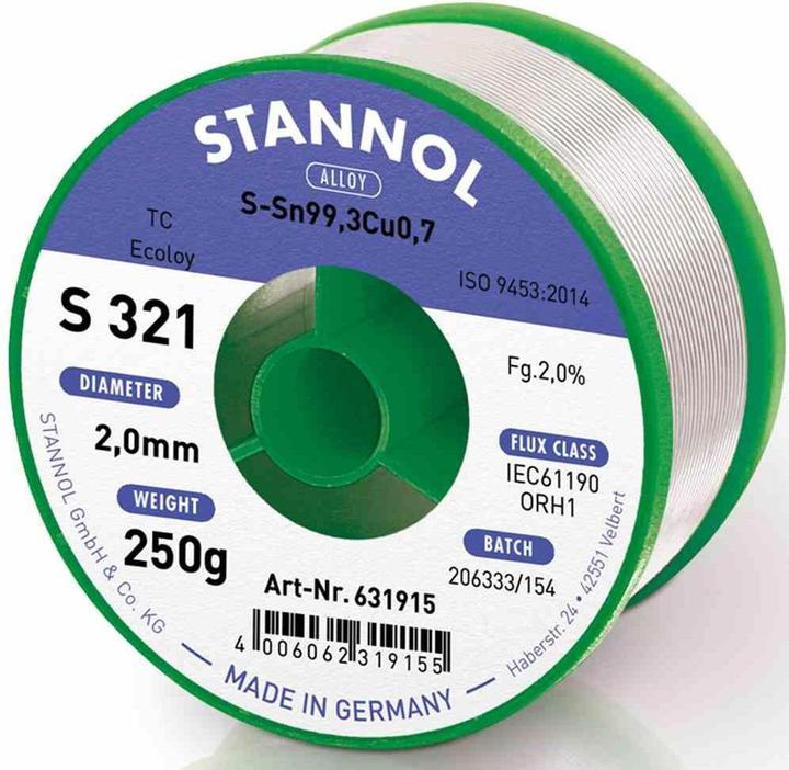 Image du produit Stannol Fil à souder S321 2.0% 2.0 mm Sn99Cu1 CD 250 g (Mèche à souder)