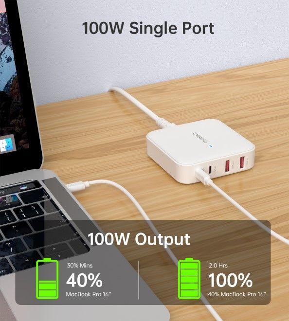 Image du produit Choetech PD8008 Chargeur rapide GaN 100W 2x USB-A / 2x USB-C - blanc (100 W, 4 ports)