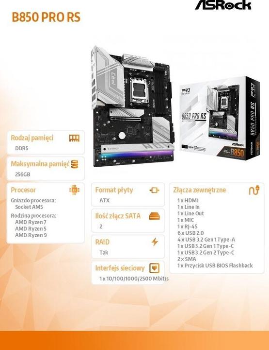 Image du produit AsRock B850 Pro RS (AM5, AMD B850, ATX)