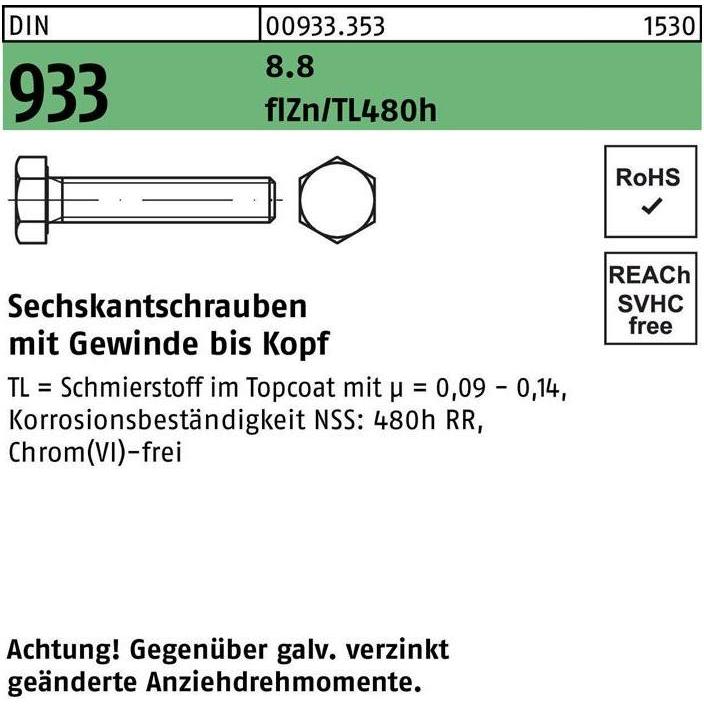 Reyher, Schrauben, Sechskantschraube DIN 933 VG M 6 x 25 8.8 zinkbesch. Gleitmittel flZnnc 480h-L (500 Schrauben pro Stü...
