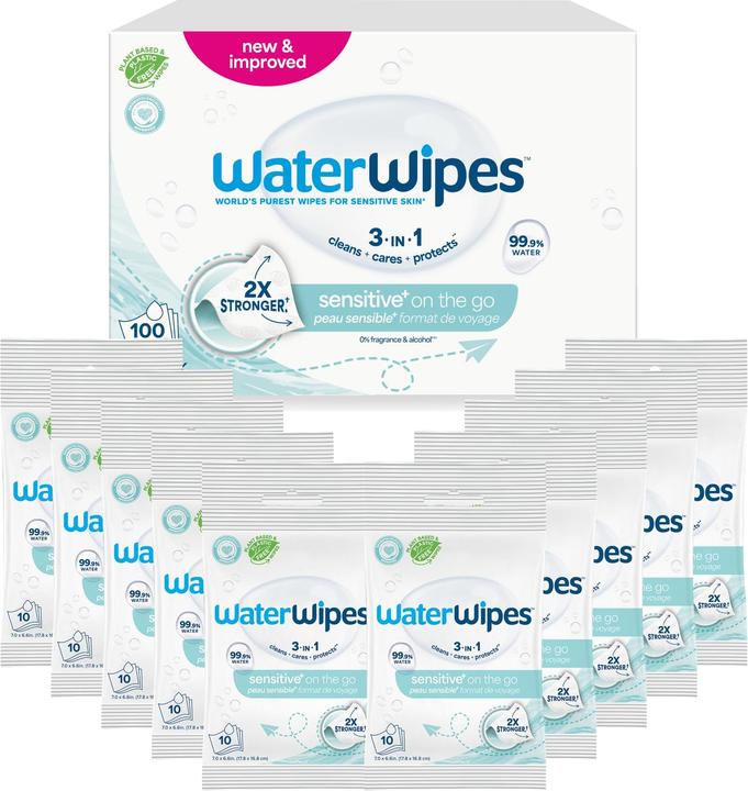 WaterWipes Sensitive+ On The Go Feuchttücher, 100 Stück (10 x 100 pz.)