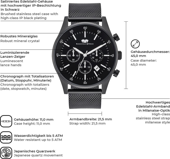 Produktbild Herren Chronograph Goodwill Edelstahl schwarz - 5112 (Chronograph, 45 mm)