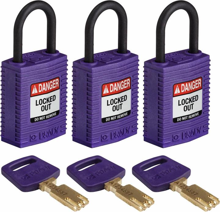 Actual product image Brady Safekey compact nylon safety lock with nylon shackle, purple, 25 mm shackle height, 4.3 mm