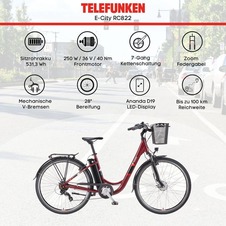 Actual product image Telefunken Multitalent RC822, City E-Bike, Motor power 250 W, Wheel size 28 ", Warranty 24 month(s), Red (48 cm)