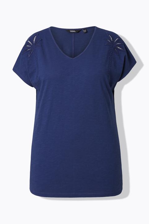 Actual product image Ulla Popken Palm Tree Embroidered Cap Sleeve Tee (54)