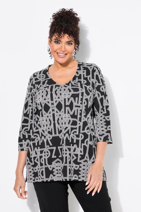 Actual product image Ulla Popken Geometric Print 3/4 Sleeve V-Neck Stretch-Fit Tee (42, 44)