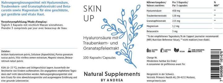 Nutritional values and ingredients Andrea Natural Supplements Skin Up (100 Piece, Capsules, 138 g)