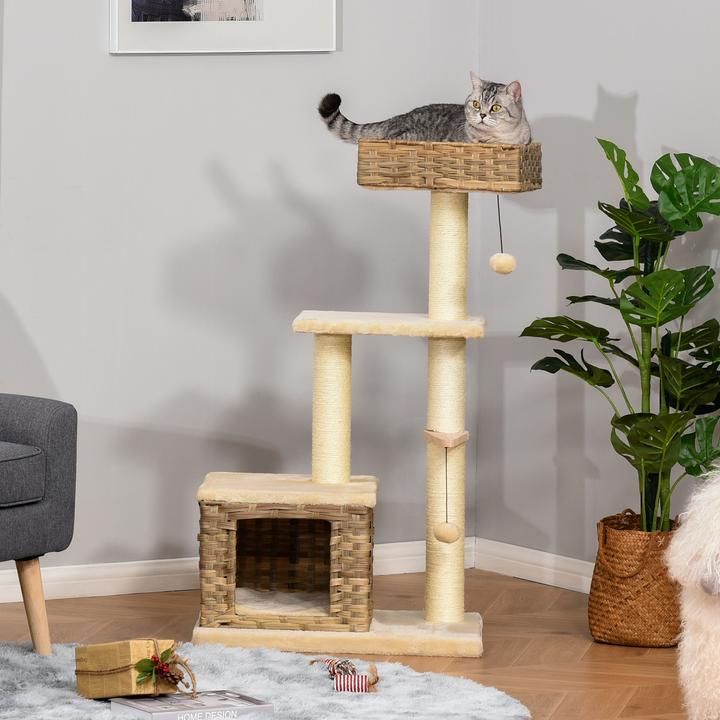 Actual product image PawHut Cat tree with rattan cave (109 cm, Brown, Beige)