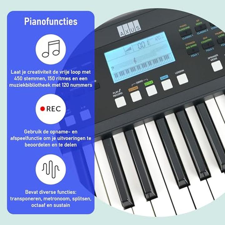Productafbeelding Axus 61-Key Portable Touch-Sensitive Lightweight Keyboard with Power Supply, 450 Voices, and Music Stand (61 Sleutels)
