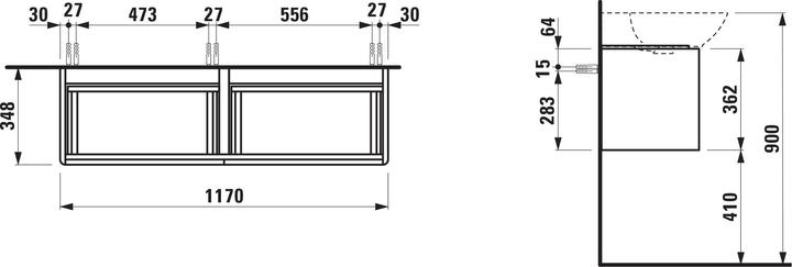 Image du produit Laufen Base pour meuble sous-lavabo Ino, 2 tiroirs, poignée en aluminium noir, pour WT H814304, H40