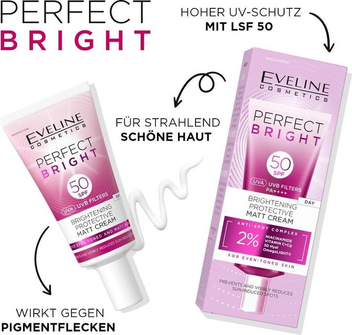 Actual product image Eveline Cosmetics Perfect Bright Face Cream SPF 50 30ml (Suntan cream, SPF 50, 30 ml)