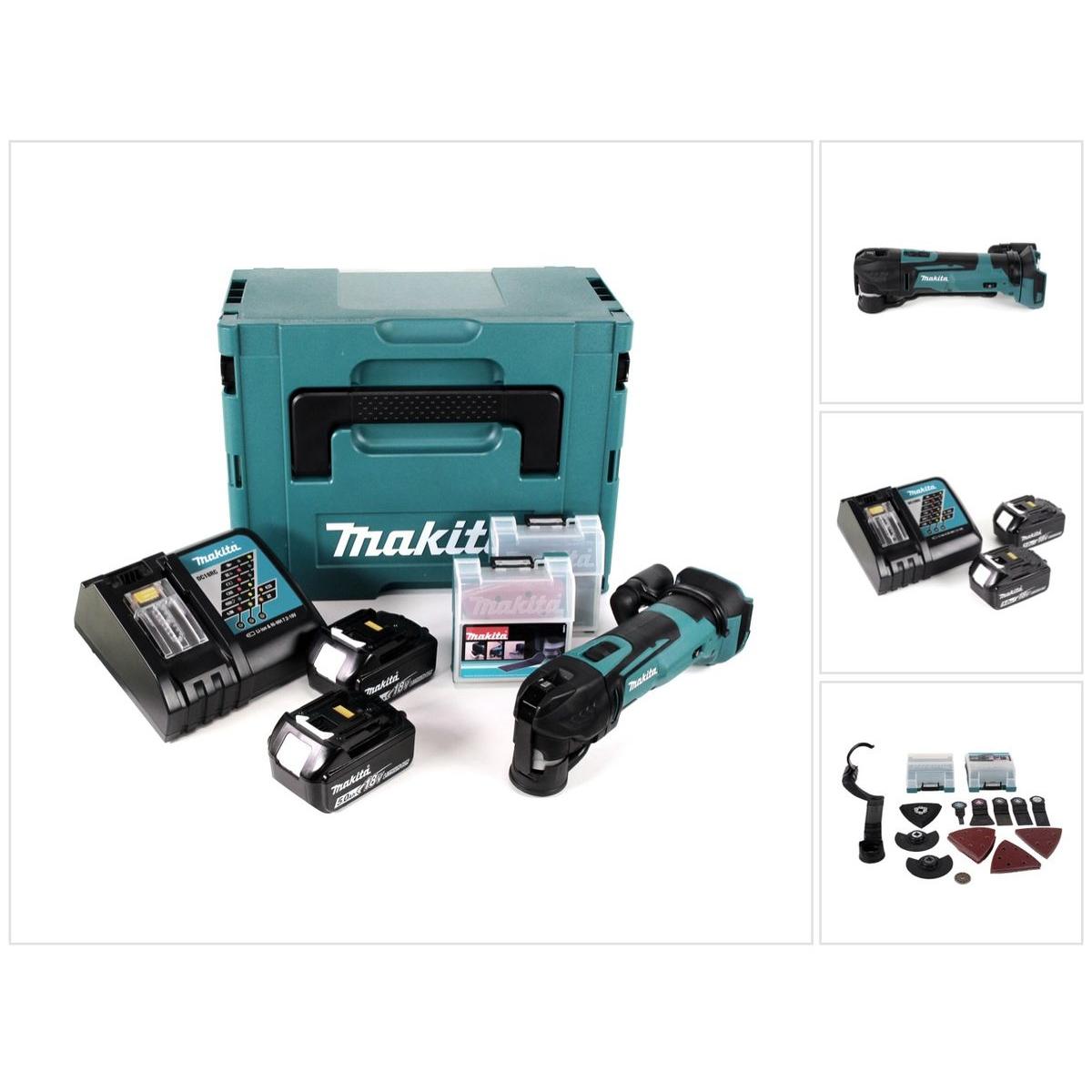 Makita, Multifunktionswerkzeug, DTM 51 RTJX2 Akku Multifunktionswerkzeug 18 V + 2x Akku 5,0 Ah + Ladegerät + 39 tlg. Zub...