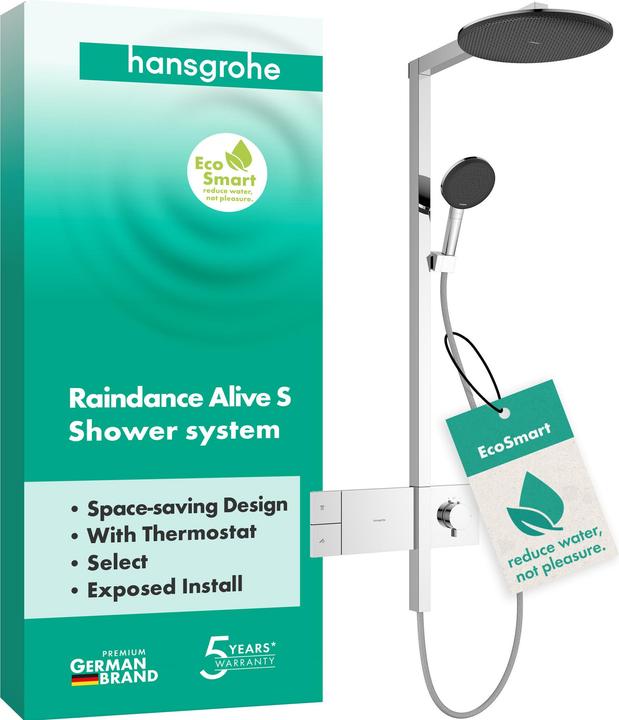 Actual product image hansgrohe Raindance Alive S EcoSmart Thermostatic Shower System with Rain Shower and Hand Shower