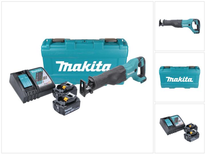 1x sega a batteria Makita DJR 186, 2x batteria Makita BL 1840 B 18 V 4.0 Ah, 1x caricabatterie Makita DC 18 RC, 1x valigetta di trasporto Makita, 2x lama Makita