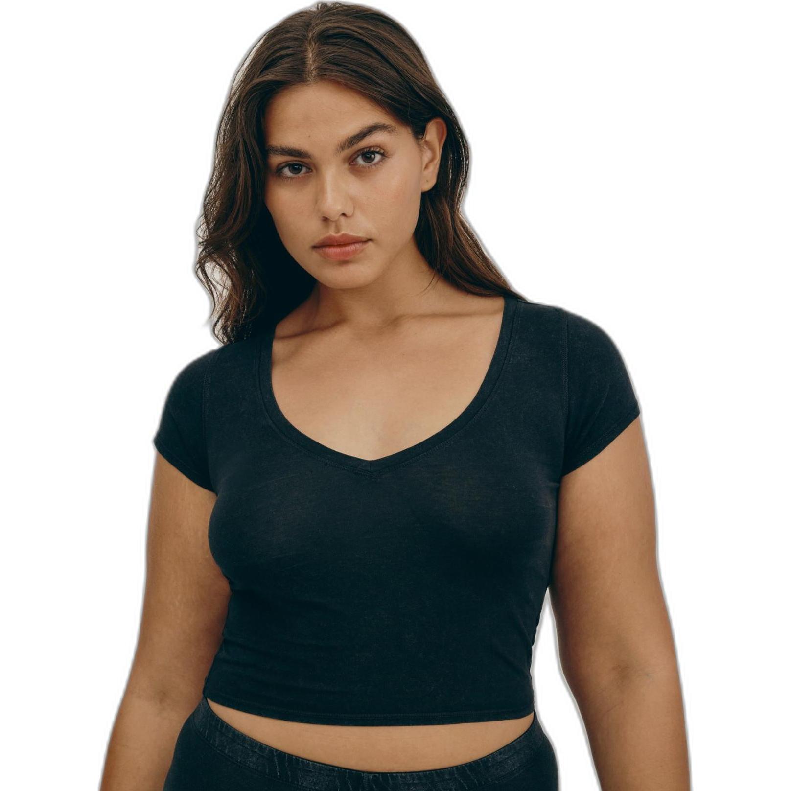 Organic, Damen, Shirt, t-hirt mit v-auchnitt, damen baic core baby, Schwarz, (S)