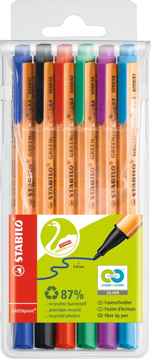 Produktbild STABILO GREENpoint umweltfreundlicher Filzschreiber (Blau, Rot, Grün, Schwarz, Lila, Türkis, 6 x)