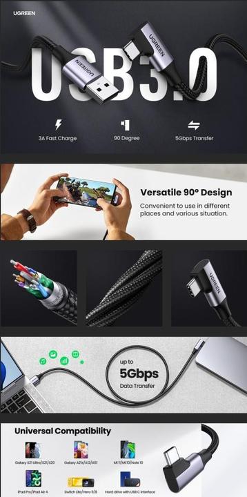 Image du produit Ugreen Angle cable USB to USB-C US385, 3A, 1m (black) (1 m, USB 3.1, 15 W)
