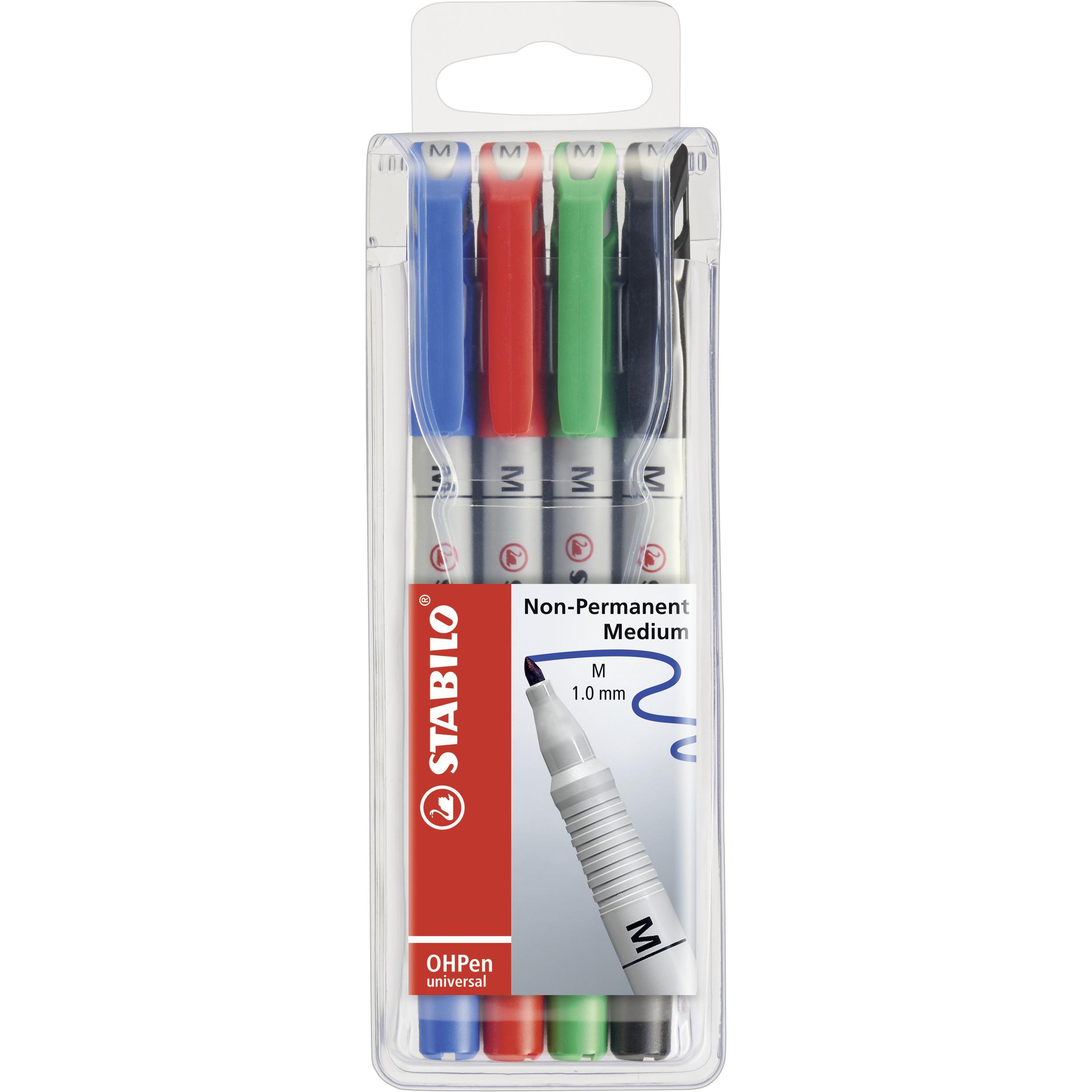 STABILO, Marker, OHPen universal Folienstift wasserlöslich (Grün, Blau, Rot, Schwarz, 1 mm, 4 x)
