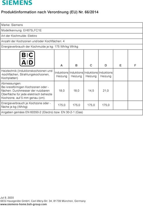 Nährwerte und Zutaten Siemens Eh675lfc1e