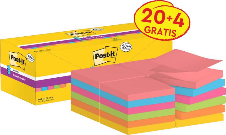 Produktbild 3M Post-it Super Sticky Z-notes, 76 x 76 mm, 6 farver, pakke a 24 stk. (76 x 76 mm)