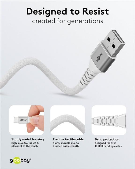 Produktbild Goobay USB-C Supersoftes Textilkabel mit Metallsteckern, 2 m, weiss (2 m, USB 2.0, 60 W)