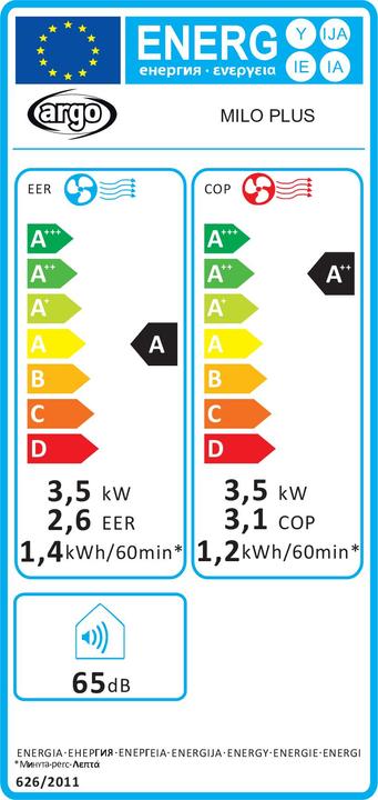 Energy Label Argo Milo Plus (45 m², 13000 BTU/h)