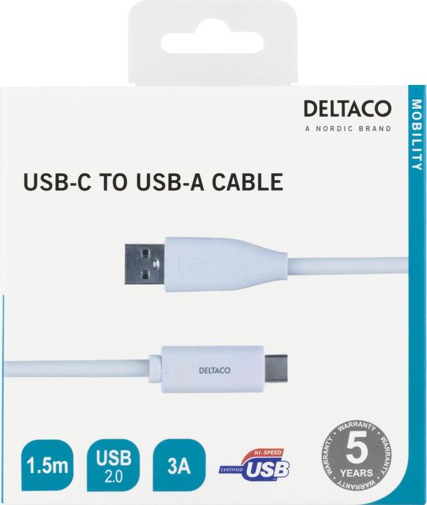 Produktbild Deltaco USB-C till USB-A kabel 1.5m 3A USB 2.0 vit (1.50 m, USB 2.0)