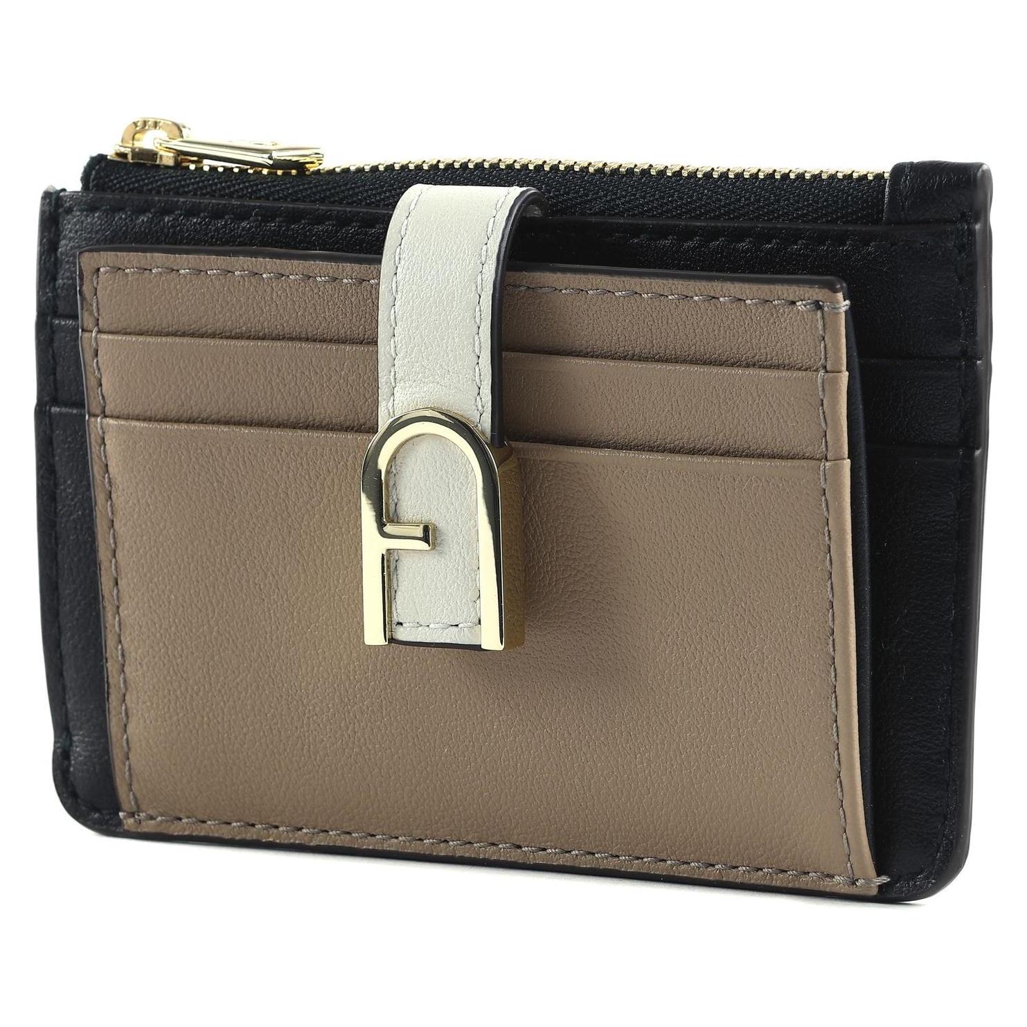 Furla, Damen, Portemonnaie, Flow Card Case, Schwarz, Grau, Beige
