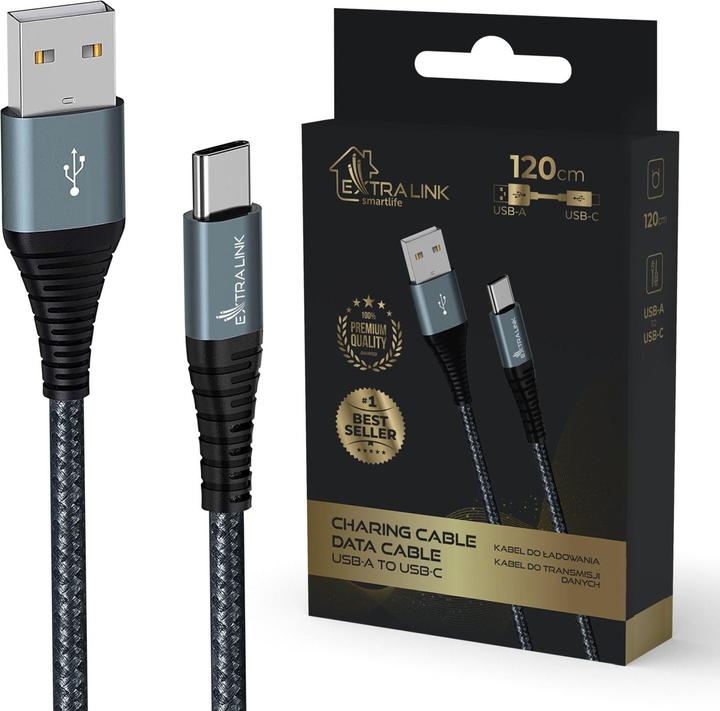 Extralink USB-kabel type A naar type C Smart Life 1,2 m zwart (1.20 m, 15 W)