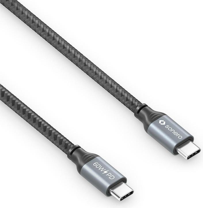 Actual product image Sonero USB-C to USB-C charging cable - USB 2.0, 60W PD grey/black - 1.00m (1 m, USB 2.0, 60 W)