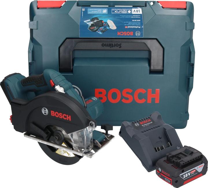 1x Bosch GKM 18V-50 Professional cordless metal circular saw, 1x Bosch GBA 18V 4.0Ah rechargeable battery 18 V 4.0 Ah, 1x Bosch GAL 18V-20 rechargeable battery charger, 1x circular saw blade Standard for Steel 136 x 1.6, 1.2 x 20 mm, 30T (2608837746), 1x rip fence (2610347119), 1x L-Boxx 238 (1600A012G2), 1x matching insert