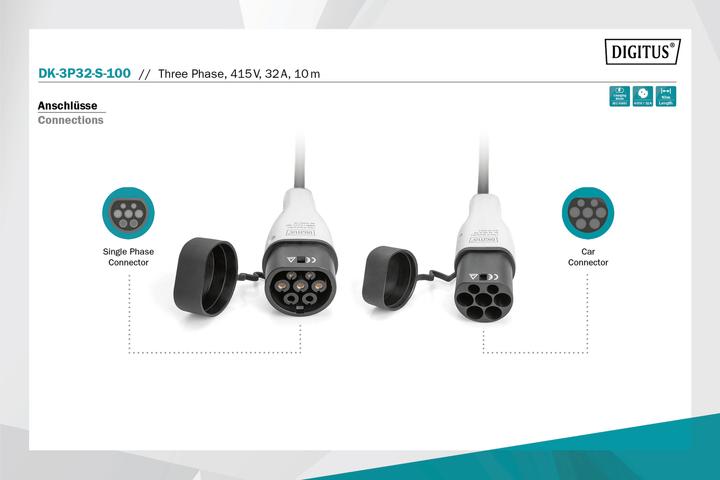 Produktbild Digitus Dreiphasiges 32A - Ladekabel Typ 2 auf Typ 2 (Typ 2, 32 kW, 32 A, 10 m)