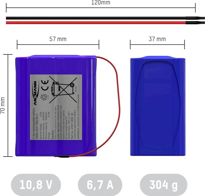 Immagine prodotto Ansmann 3S2P Akkupack 6x 18650 Kabel Li-Ion 10.8V 6700mAh Akkupack 6x Li-Ion 1 (1 pz., Specifico del dispositivo, 6700 mAh)