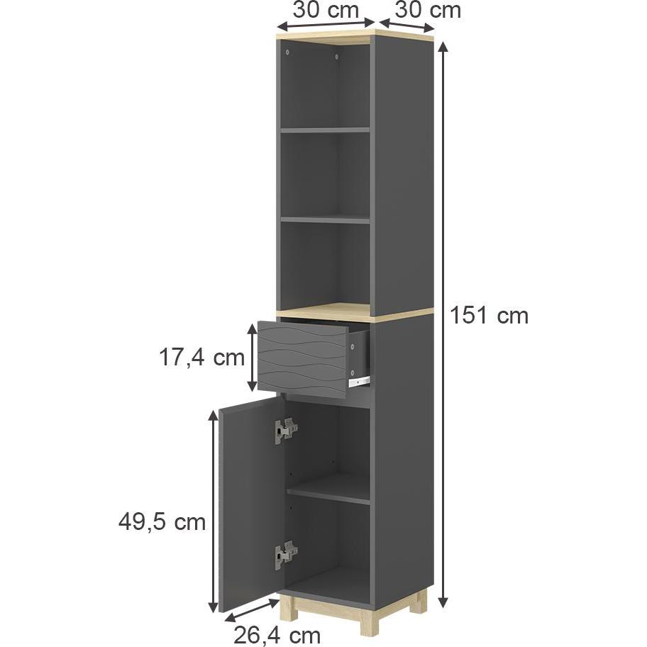 Thumbnail - Vichy, Badezimmerschrank, Badezimmermöbel Livia, Anthrazit/Holz, 30 x 151.5 cm mit Schublade