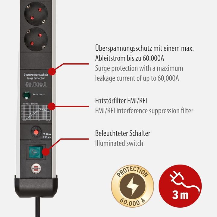 Actual product image Brennenstuhl Premium Protect-Line PDU, 8 sockets, 3m, Silver/gray, with switch and surge protecti...