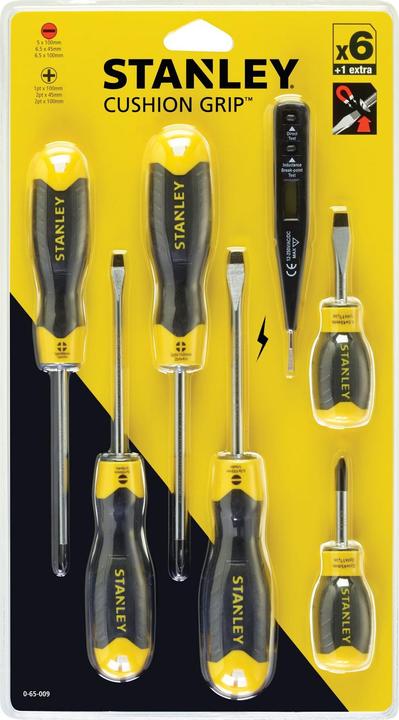 Image du produit Stanley Jeu de tournevis CushionGrip 6 pièces, avec détecteur de tension (Recouvrement cruciforme Phillipps (PH), Vis fendues)