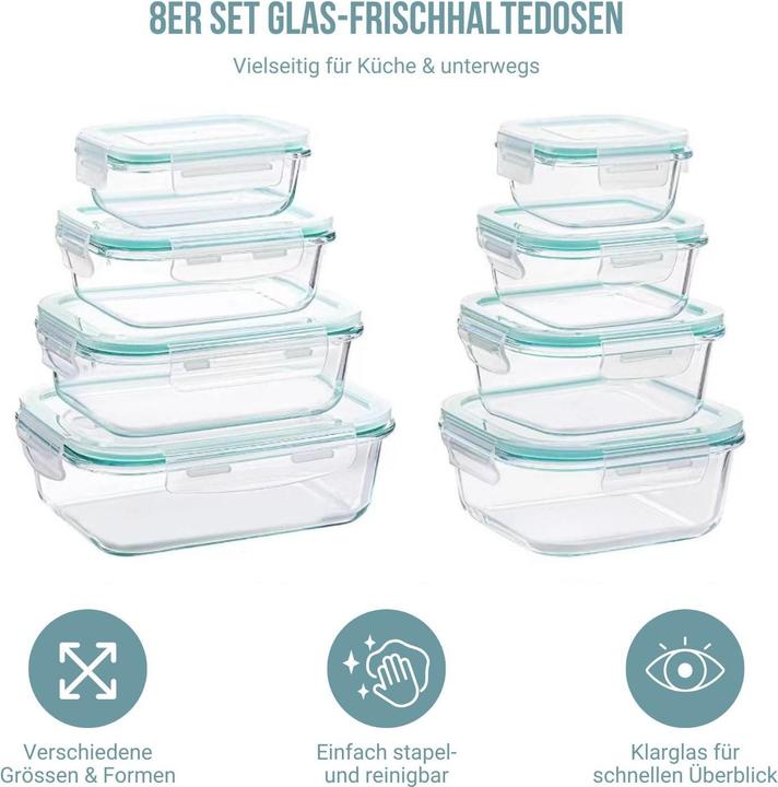 Actual product image Hermex 8er Set Glas-Frischhaltedosen Vorratsdosen mit Deckel Meal-Prep-Boxen