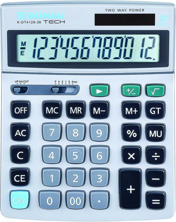 Donau Calculator TECH Office calculator, 12 digits display, dimmable. 210x154x34 mm, metal housing, silver (Batteries)