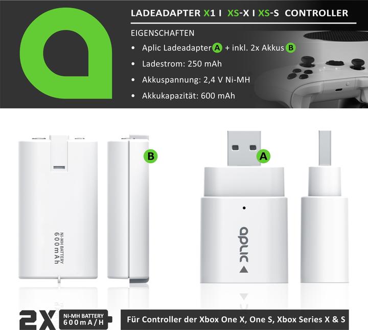 Produktbild Aplic Ladegerät für Xbox One Controller und Series Gamepad, Akku Ladestation, 2 x Akkus 600 mAh (Xbox Series S, Xbox One S)