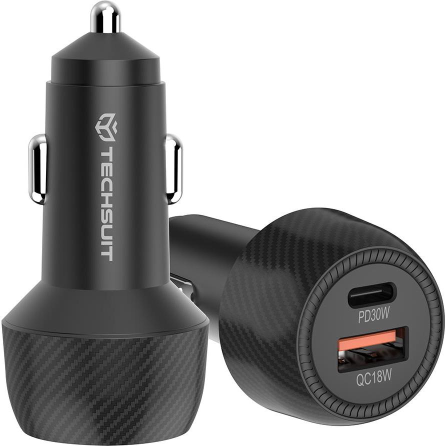 Techsuit - Car Charger CarbonVolt (C7) - Fast Charge 48W, USB, Type-C, QC3.0 18W, PD30W - Black, Adattatore per auto, Nero