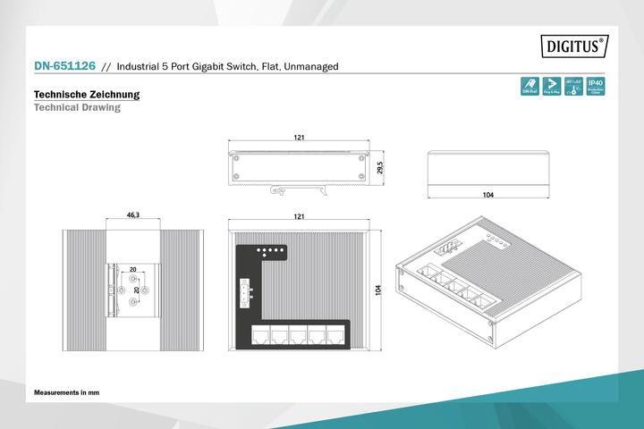 Produktbild Digitus Industrie Gigabit Flat Switch, 5-Port (5 Ports)