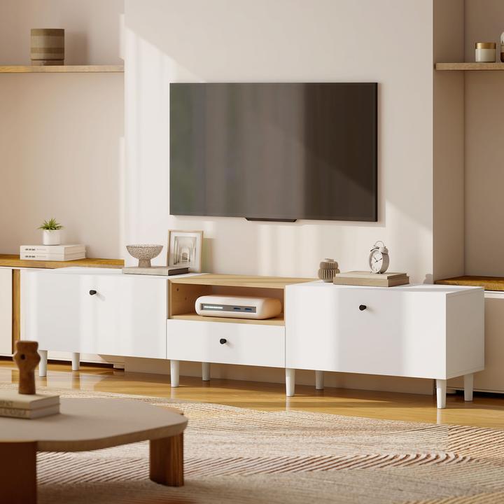 Actual product image Homcom TV Schrank Spanplatte Weiss+Naturholz (200 x 35 x 45 cm)