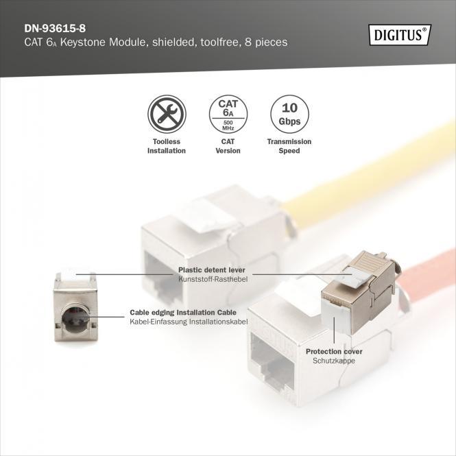 Actual product image Digitus CAT 6A Keystone Jack, shielded, 8 pieces. tool-free connection (Keystone module)