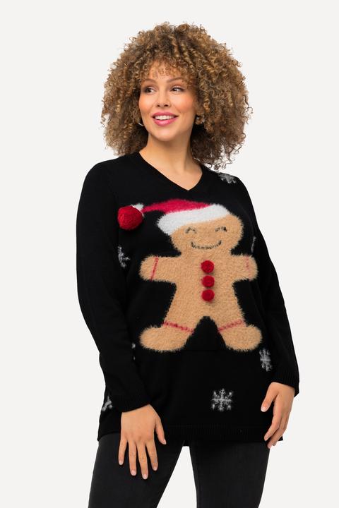 Image du produit Ulla Popken Pull de Noël à col en V et manches longues, motif bonhomme en pain d'épices (46, 48)